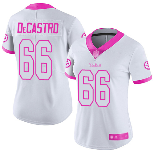 Women Pittsburgh Steelers Football #66 Limited White Pink David DeCastro Rush Fashion Nike NFL Jersey